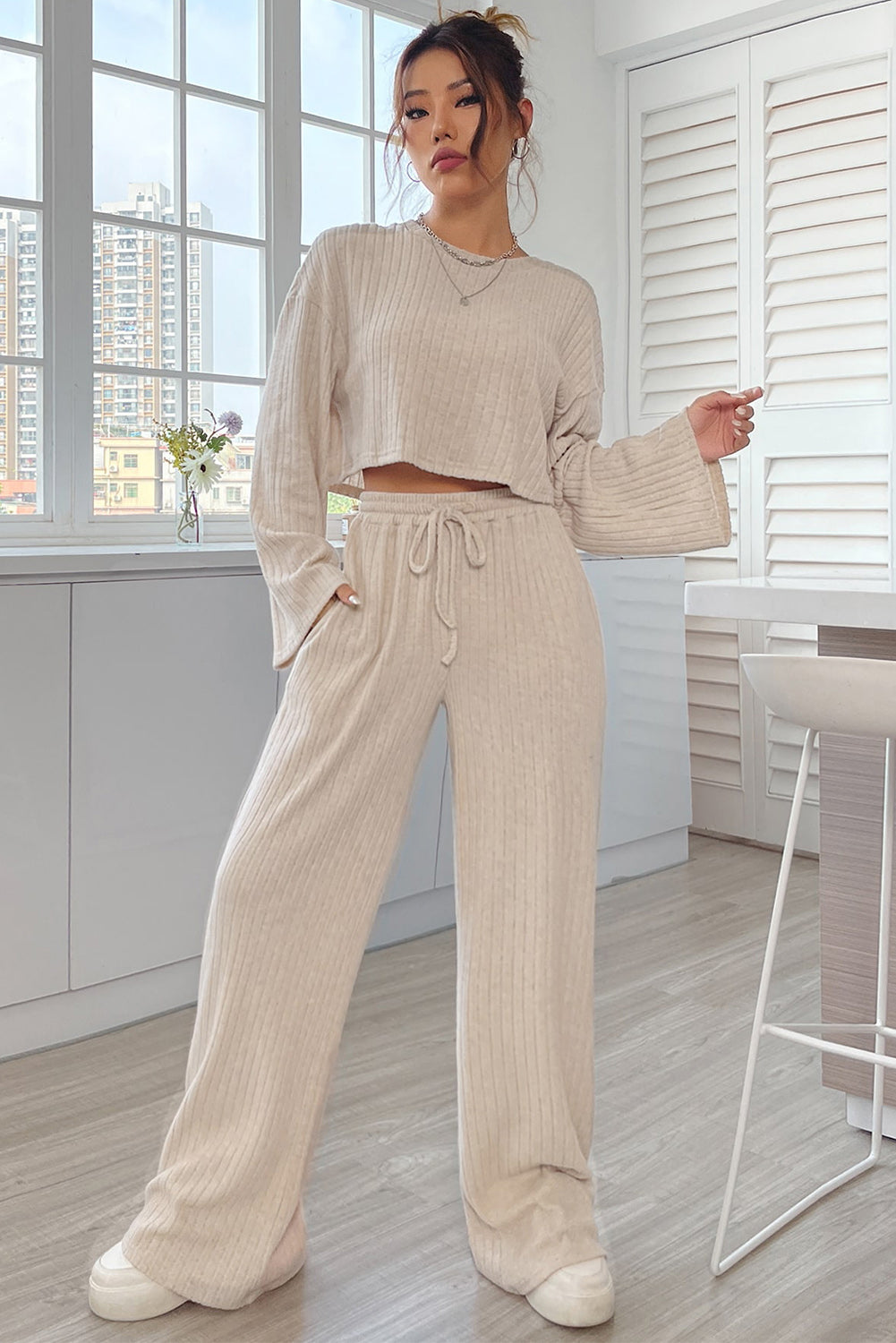 Apricot Plain Ribbed Loose Fit Two Piece Lounge Set