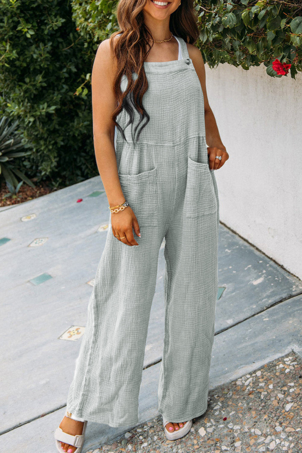 Gray Textured Wide Leg Overall with Pockets