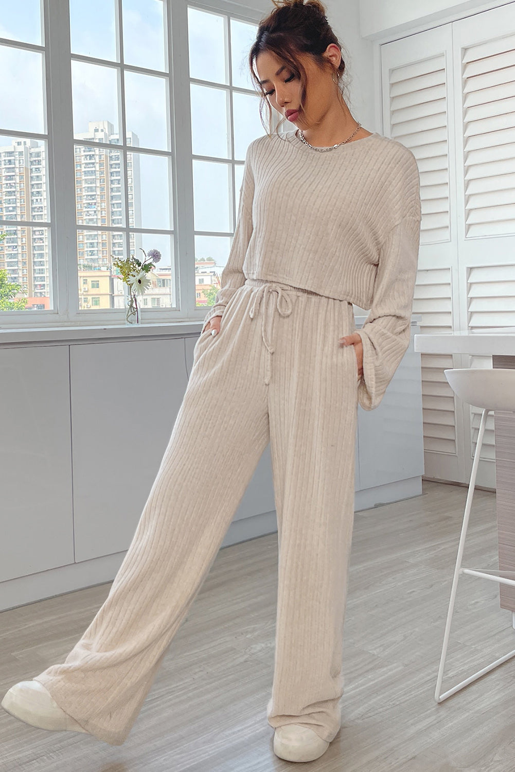 Apricot Plain Ribbed Loose Fit Two Piece Lounge Set