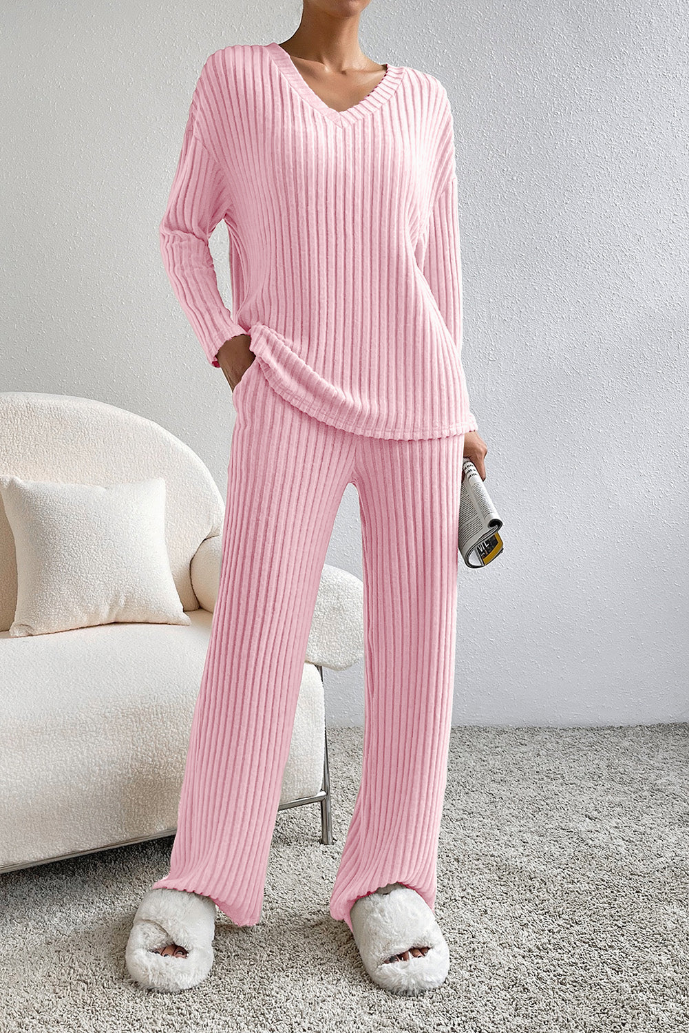 Apricot Plain Ribbed Loose Fit Two Piece Lounge Set