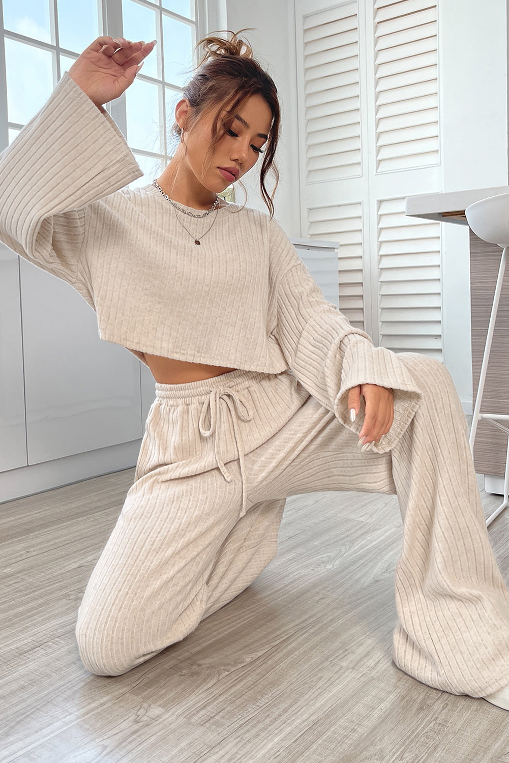 Apricot Plain Ribbed Loose Fit Two Piece Lounge Set