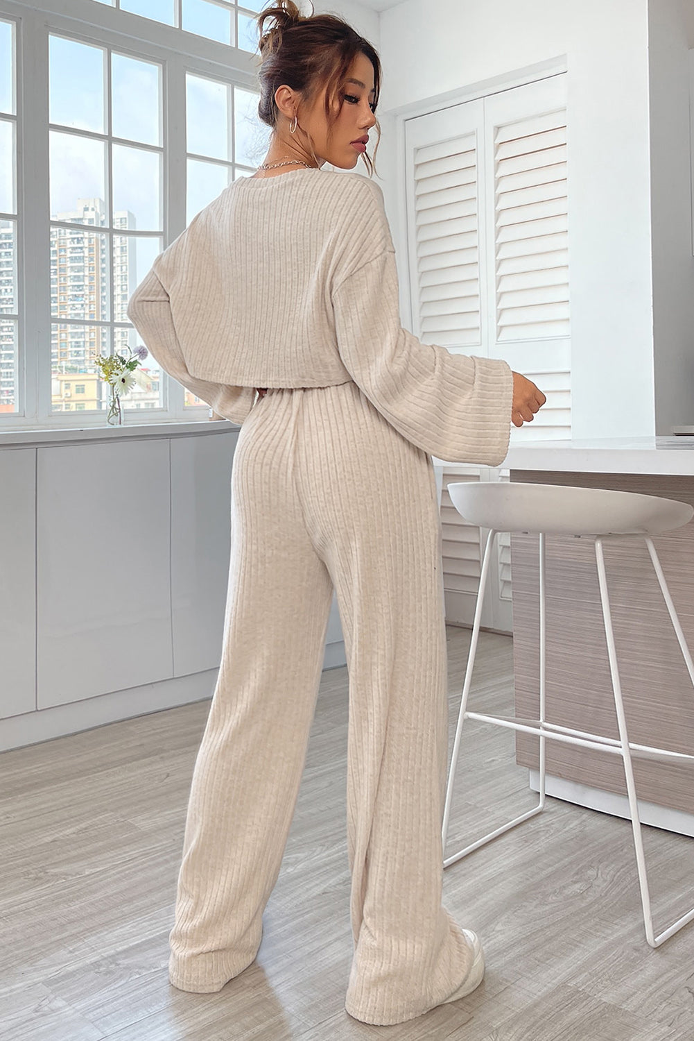 Apricot Plain Ribbed Loose Fit Two Piece Lounge Set