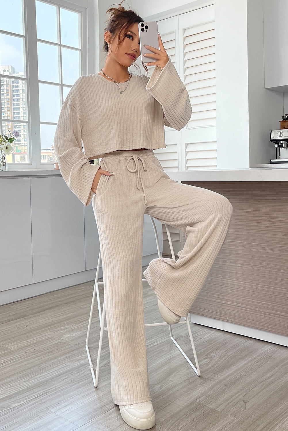 Apricot Plain Ribbed Loose Fit Two Piece Lounge Set