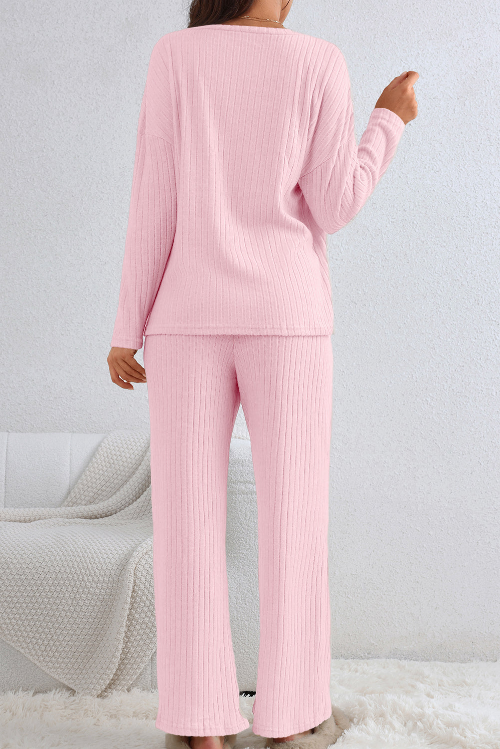 Apricot Plain Ribbed Loose Fit Two Piece Lounge Set