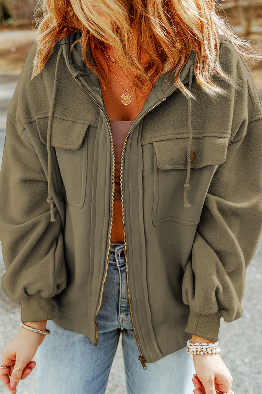 Apricot Flap Pocket Drawstring Hood Zip Up Jacket