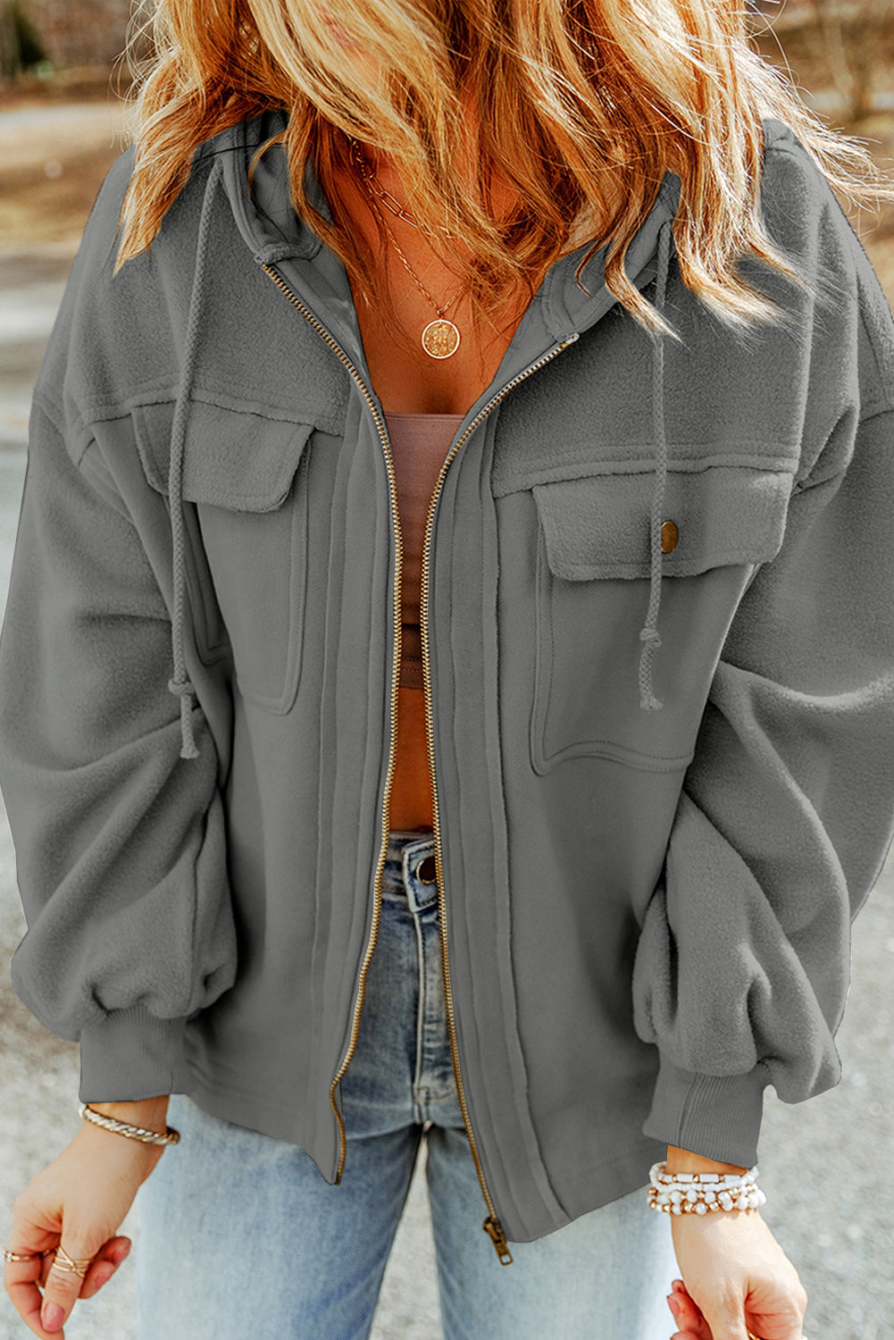 Apricot Flap Pocket Drawstring Hood Zip Up Jacket