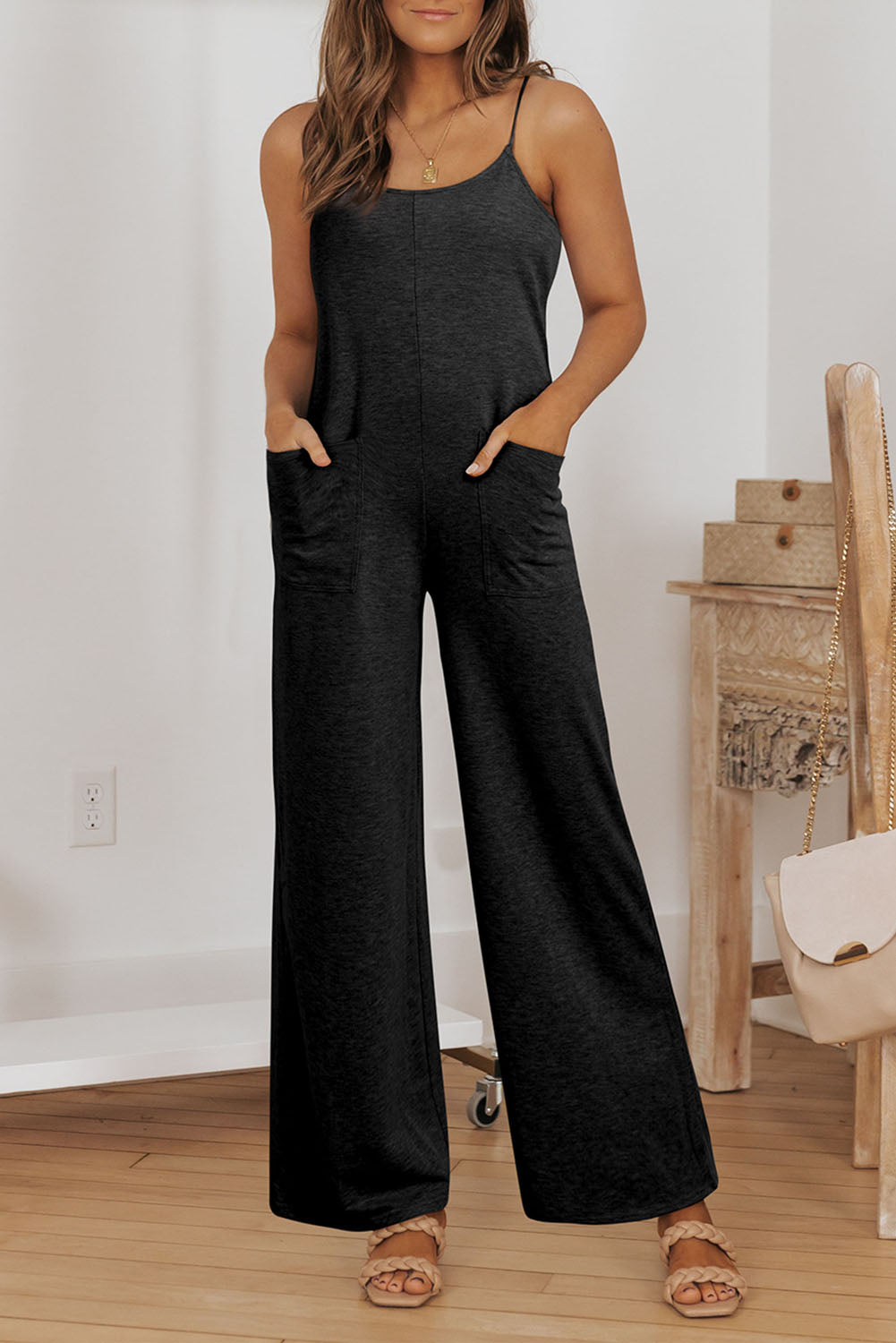 Black Loose Fit Side Pockets Spaghetti Strap Wide Leg Jumpsuit