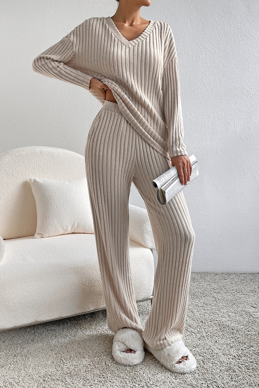 Apricot Plain Ribbed Loose Fit Two Piece Lounge Set