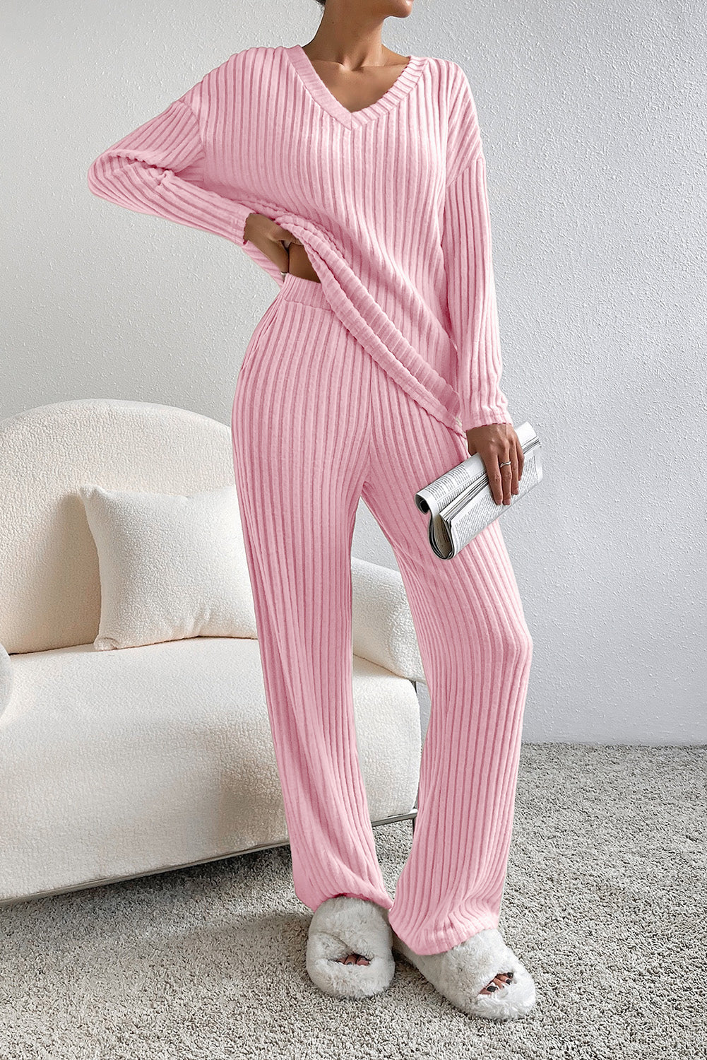 Apricot Plain Ribbed Loose Fit Two Piece Lounge Set