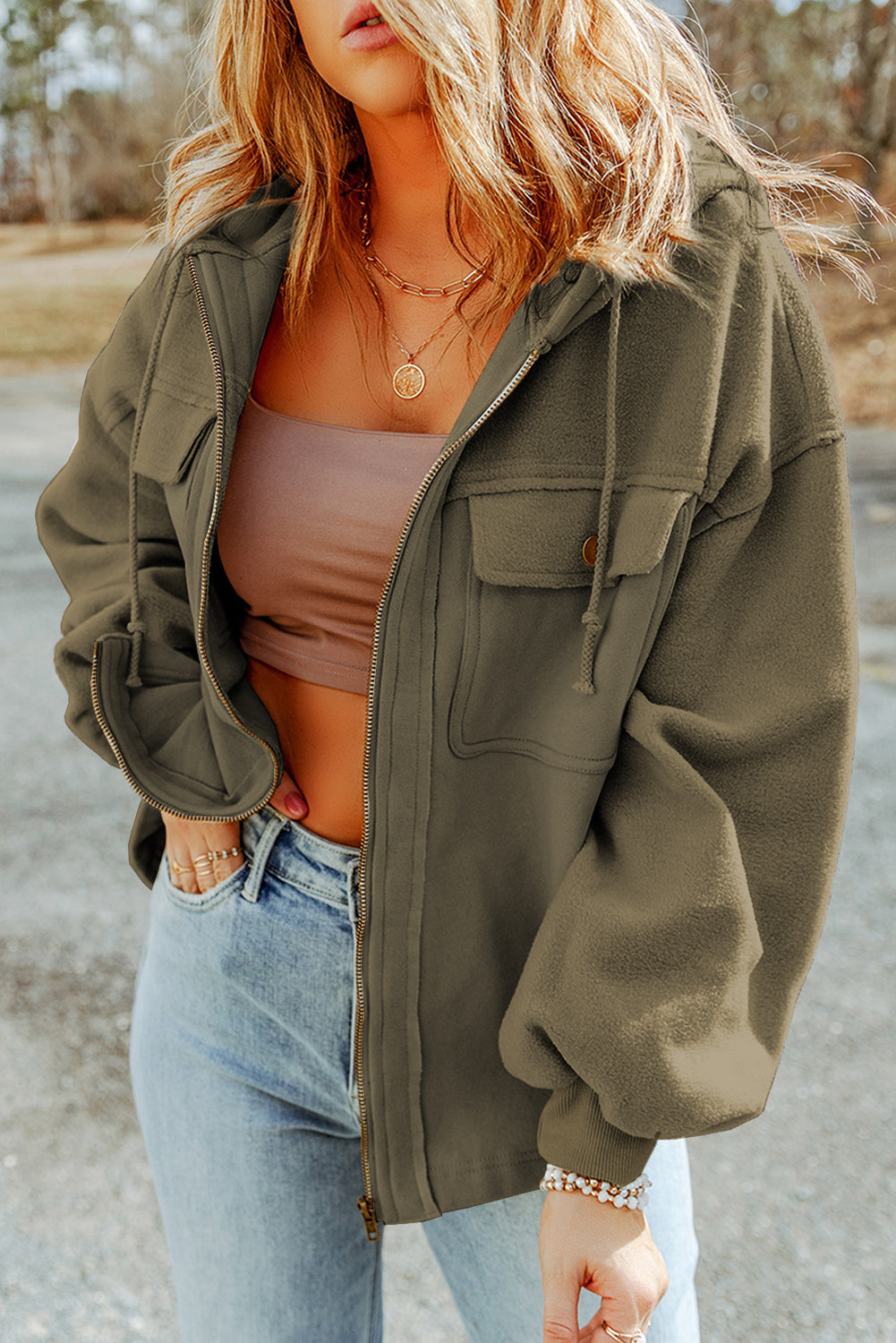 Apricot Flap Pocket Drawstring Hood Zip Up Jacket