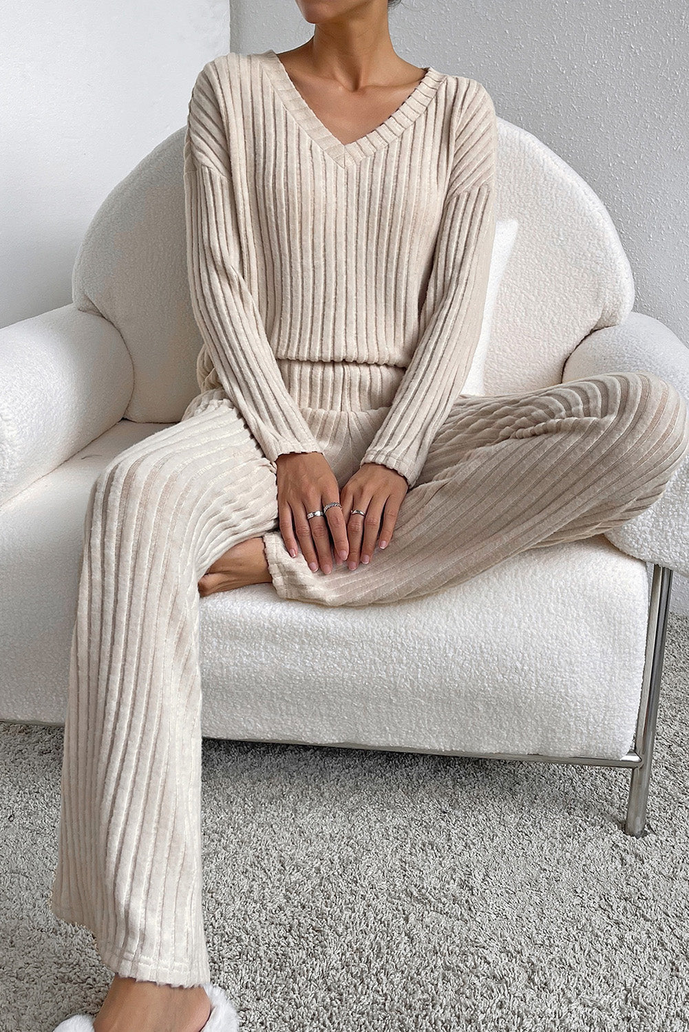 Apricot Plain Ribbed Loose Fit Two Piece Lounge Set