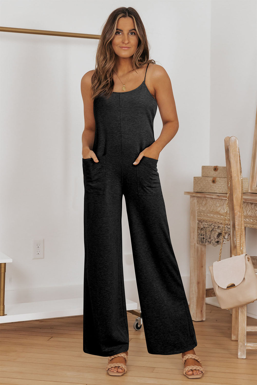 Black Loose Fit Side Pockets Spaghetti Strap Wide Leg Jumpsuit