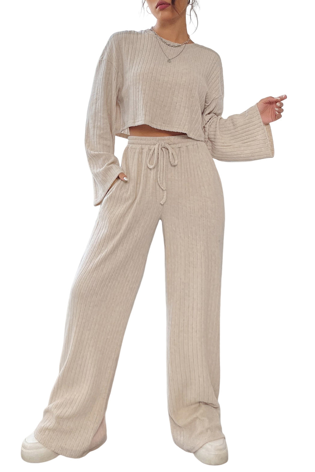 Apricot Plain Ribbed Loose Fit Two Piece Lounge Set