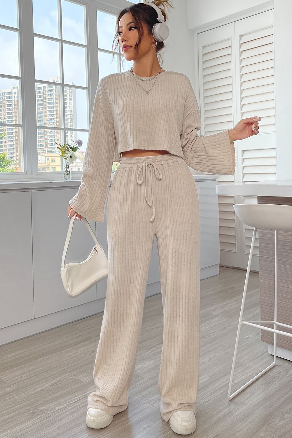 Apricot Plain Ribbed Loose Fit Two Piece Lounge Set