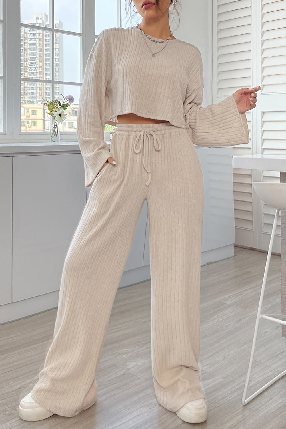 Apricot Plain Ribbed Loose Fit Two Piece Lounge Set