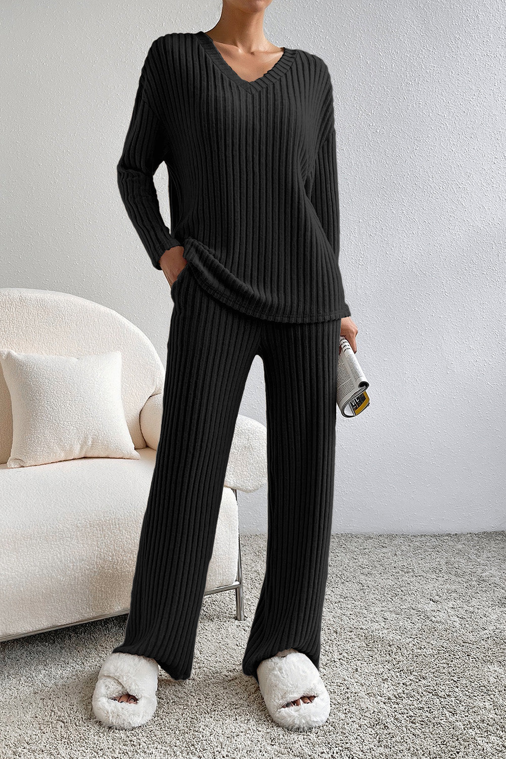 Apricot Plain Ribbed Loose Fit Two Piece Lounge Set